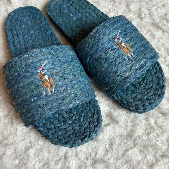 Polo Ralph Lauren Womens US 11 EU 43 Raffia Sandal Sheep Leather Blue Boho Beach - Picture 3 of 14